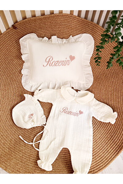 ELA Müslin nakışlı bonet bere ve takı yastığı