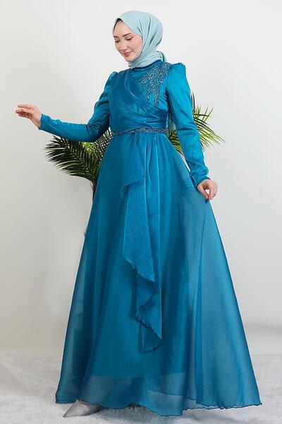 giz astore Eliza Tesettür Abiye Koyu Petrol