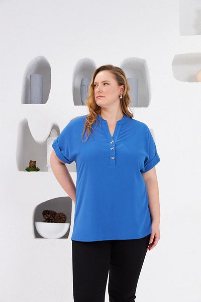 RMG Large Size Indigo Bow Button Detailed Blouse