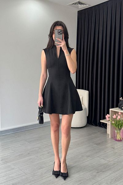 ECEMİ Alice Black V-Neck Flounce Dress