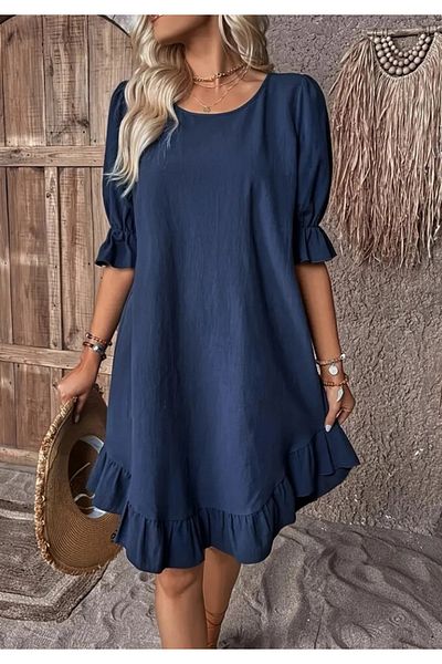 Little Visqon Women's Short Sleeve Sleeve and Skirt Flounces Crew Neck Aerobin Dress