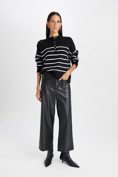 DeFacto Faux Leather Winter Pants with High Waist and Double Pockets Wide Leg - D4806Ax24Au
