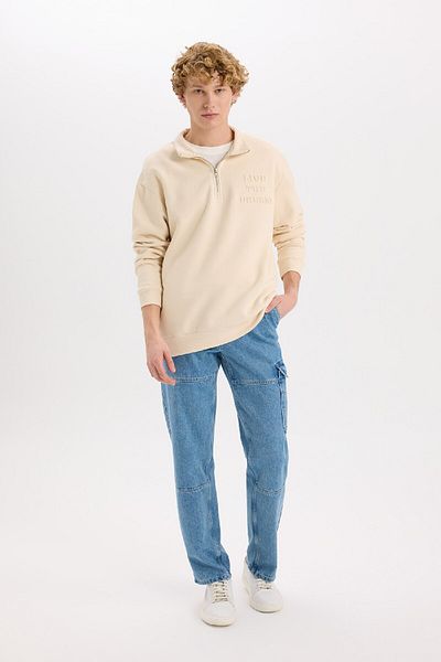 DeFacto Comfortable Stand Collar Zip Printed Sweatshirt - Comfort Regular Fit B0254Ax24Au