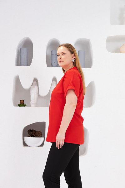 RMG Bow Button Detailed Large Size Blouse Coral