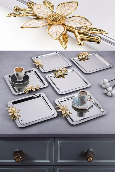 AHİR TİCARET 6 Pieces Stainless Steel Square Coffee and Tea Presentation Tray with Daisy Accessories