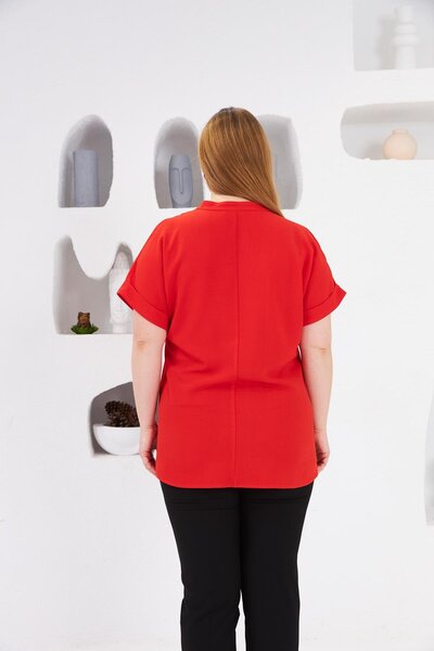 RMG Bow Button Detailed Large Size Blouse Coral