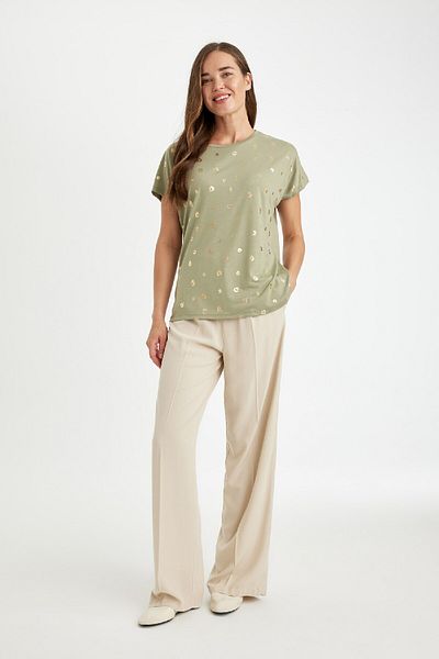 DeFacto Regular Fit Rundhalsausschnitt Glänzend bedrucktes Kurzarm-T-Shirt D4104ax24au