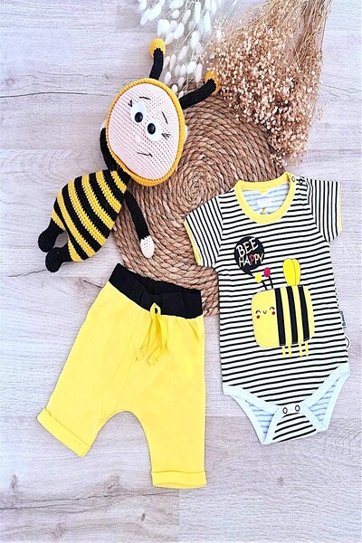 DeKuBaby طقم بدلة أطفال للجنسين مكون من قطعتين مع شورت لطيف على شكل نحلة