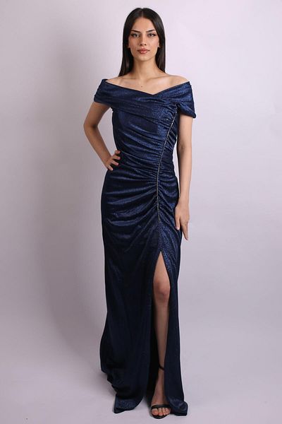 SpringStore Navy Blue Madanno Collar Draped Evening Dress