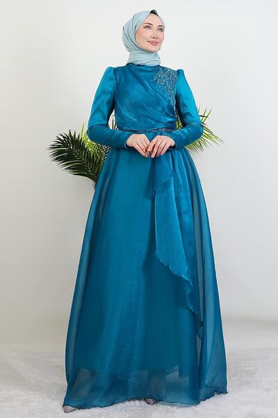 giz astore Eliza Tesettür Abiye Koyu Petrol