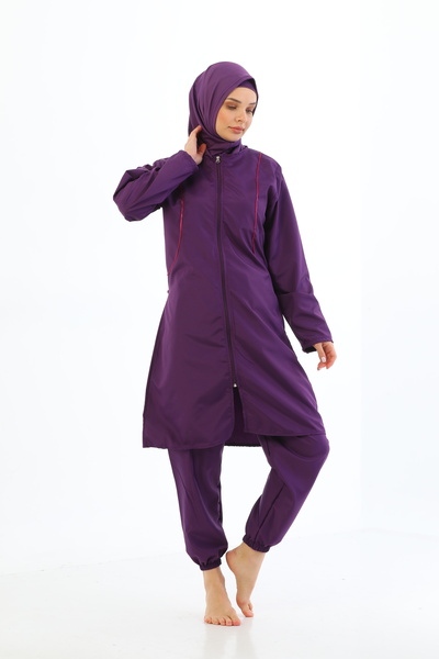 MEBA Büyük Beden Paraşüt 4'lü Fermuarlı Mor Tam Kapalı Tesettür Mayo