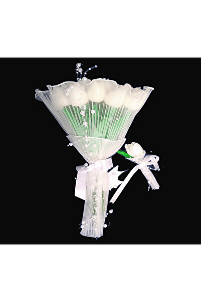 DOLYAK Gelin Buketi Islak Lale İncili Tüllü Beyaz Damat Yaka Çiçeği