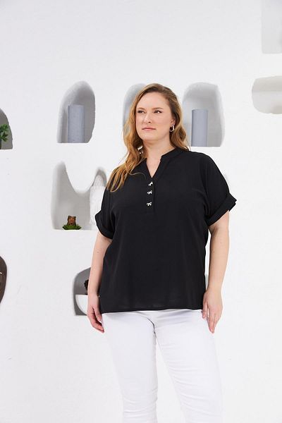 RMG Bow Button Detailed Large Size Blouse Black