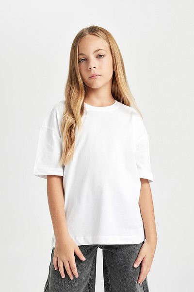 DeFacto Tricou supradimensionat pentru fete, cu decolteu lat, simplu, cu mânecă scurtă, D3345a824au