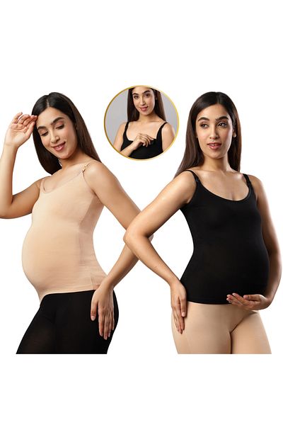 Tummy Pack of 2 Seemless Maternity & Nursing Feeding Support Vest - Black & Beige