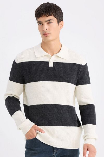 DeFacto Standard Fit Polo Neck Striped Knitwear Sweater D3590Ax24Wn