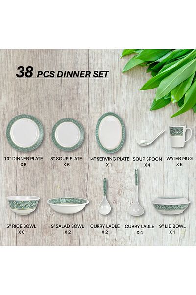 Melrich 38 Pcs Melamine Dinner Set Dinner Soup Serving Plates Curry Rice Ladle Lid Bowl Water Mug