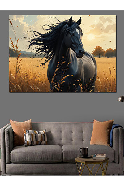 ekart Bozkırda Siyah At Dekoratif Kanvas - Mdf Ahşap Tablo