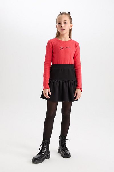 DeFacto Girl 2P Team Crew Neck Ataturk Embroidered Red Rib Long Sleeve T-Shirt Bow Buckle D4188