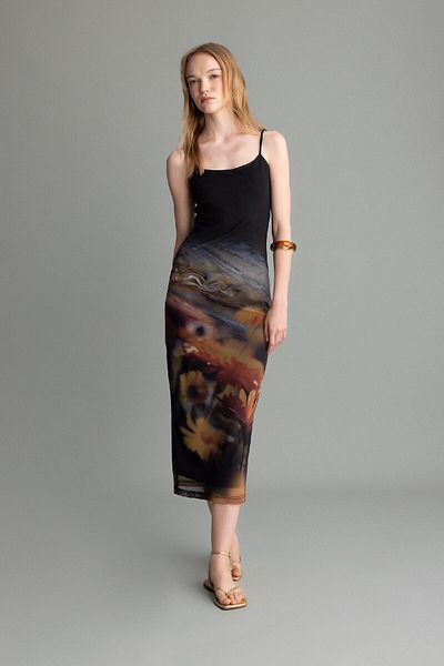 DeFacto Bodycon Body αγκαλιάζοντας λουράκι με μοτίβο τούλι λουράκι Maxi φόρεμα D5034ax24au