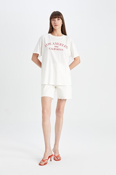 DeFacto Oversize Wide Fit Crew λαιμόκοψη χτενισμένο βαμβακερό κοντομάνικο μπλουζάκι D5100ax24hs