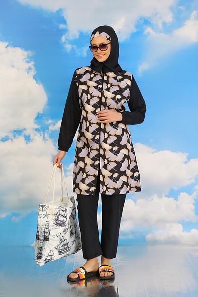 Celira Navy Blue Patterned Full Hijab Swimsuit - Women's Trousers 31070