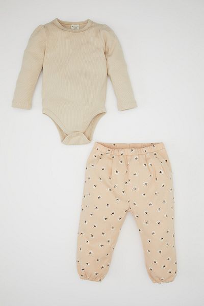 DeFacto Baby Girl Set of 2 Twill Printed Long Sleeve Snap Fastener Body Elastic Waist Patterned Bottom D4116A524Wn