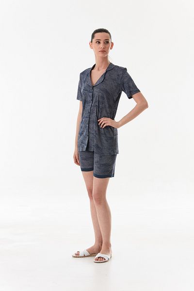 CALİA Cămașă pentru femei cu pantaloni scurți Set pijama din țesătură din viscoză cu nasturi (cu cadou pentru ochi)