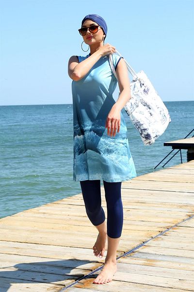 Celira Zero Sleeve Patterned Half Hijab Swimsuit 33009