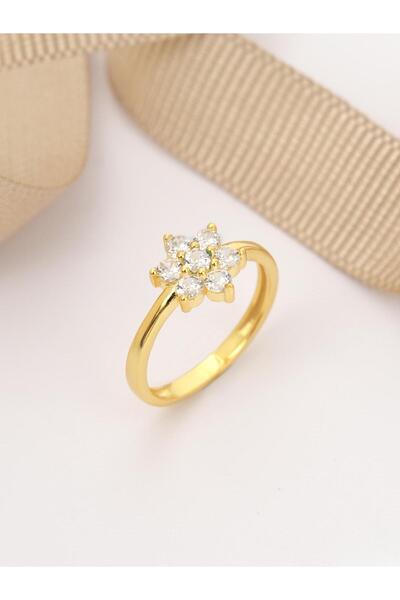 Siset Gümüş 925 Ayar Sarı Altın Kaplama Zirkon Taşlı Papatya Model Gümüş Yüzük