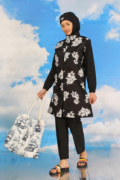 Celira Women's Patterned Full Hijab Swimsuit with Pants Black 31070