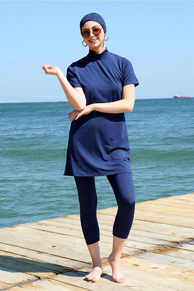 Celira Short Sleeve Navy Blue Half Hijab Swimsuit 33015
