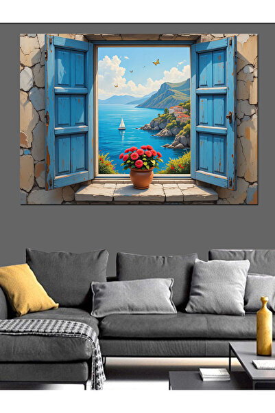 KanvasSepeti Casă mediteraneană cu jaluzele albastre Pictură în ulei Texturată Pânză de înaltă calitate Pictură pe pânză 140 x 70 cm