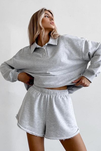 Madmext Gray Polo Neck Women's Shorts Sweatshirt Set Mg2375