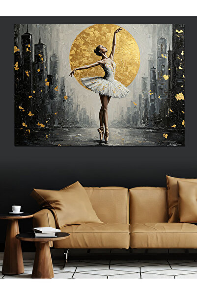 KanvasSepeti Balerina pe lună de aur Pictură în ulei decorativă Texturată Pânză de înaltă calitate Pictură pe pânză 80 x 60 cm
