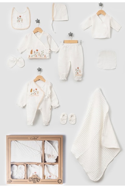 BEBLY Kız Bebek Pamuklu Müslin Kumaş Çiçek Nakışlı 10lu Hastane Çıkışı