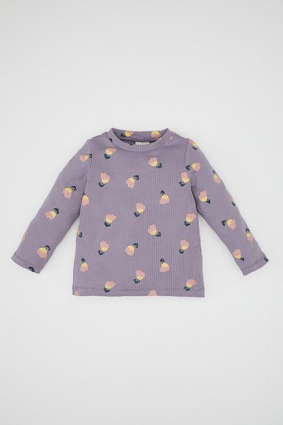 DeFacto Tricou pentru fetiță, cu nervuri, cu decolteu, cu flori, mânecă lungă D3838A524AU