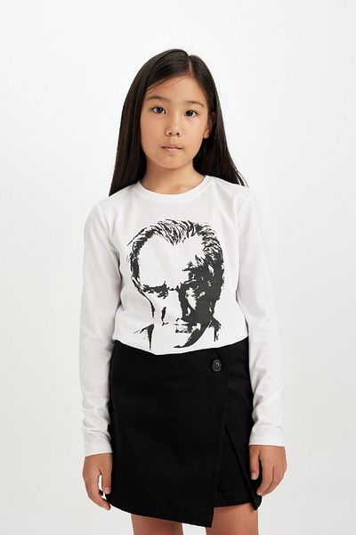 DeFacto Tricou cu mânecă lungă cu imprimeu Ataturk pentru fete D4189a824wn