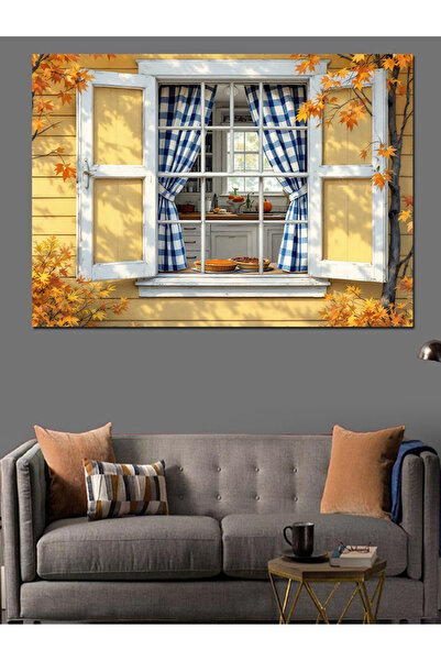 ekart Sarı Çerçeveli Pencere Dekoratif Kanvas - Mdf Ahşap Tablo