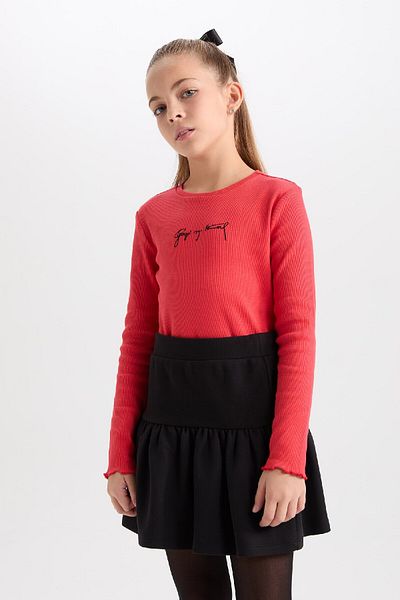 DeFacto Girl 2P Team Crew Neck Ataturk Embroidered Red Rib Long Sleeve T-Shirt Bow Buckle D4188