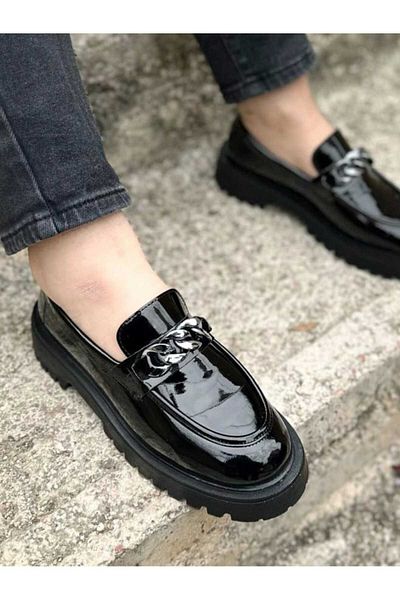 FAYMAZ Women's Casual Oxford Shoes Chain Buckle Patent Leather