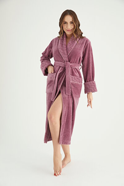 Nuşa Yaka Kare Jakarlı Bambu Pamuklu Bornoz