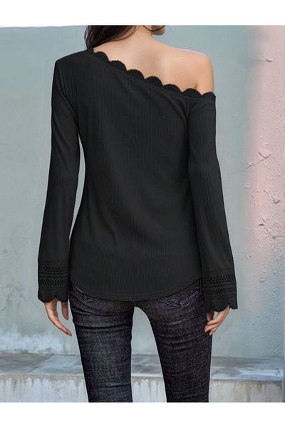 REKA MODA    Women's Long Sleeve One Shoulder Open Lace Twisted Blouse