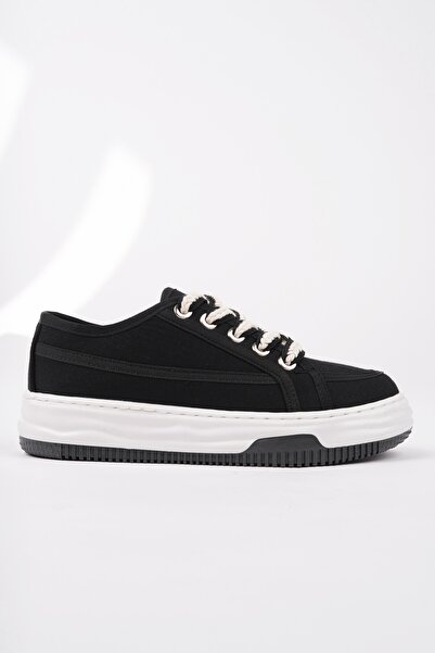 MUGGO Carina Kalın Taban Keten Kumaş Bağcıklı Kadın Günlük Sneaker Spor Ayakkabı