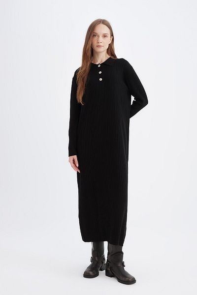 DeFacto Φόρεμα με κανονική εφαρμογή Polo Neck Basic μονόχρωμο μάξι πλεκτό φόρεμα D5434AX24WN