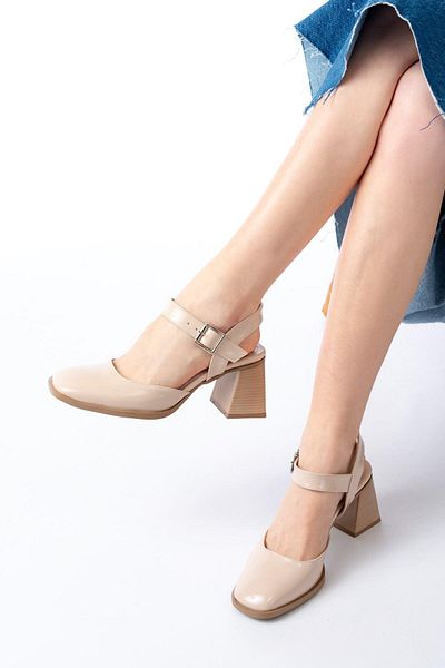 Aymood İnf-40450 Pantofi de zi cu toc cu spate deschis din piele lacuita bej