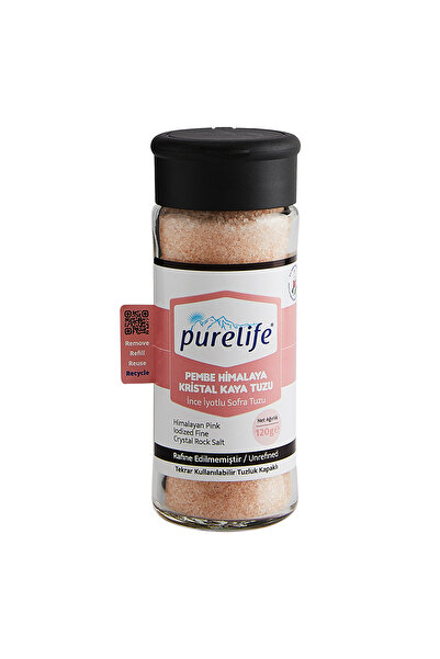 PureLife Himalaya Tuzu Pembe İnce İyotlu Tuzluk Kapaklı Cam 120g | Rafine Edilmemiş Doğal | Zengin Mineralli