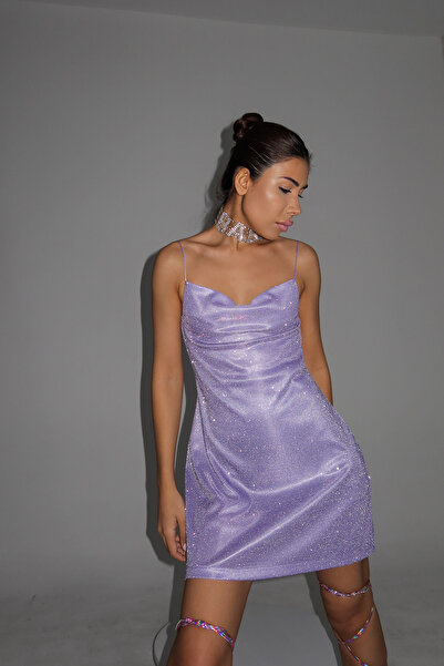 Gülşah Evecen Özel Tasarım Lila Simli Mini Elbise