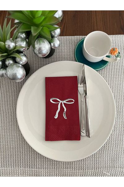 kidspartim Silver Gilded Claret Red Bow Printed Waiter Fold Napkin 16 Pcs