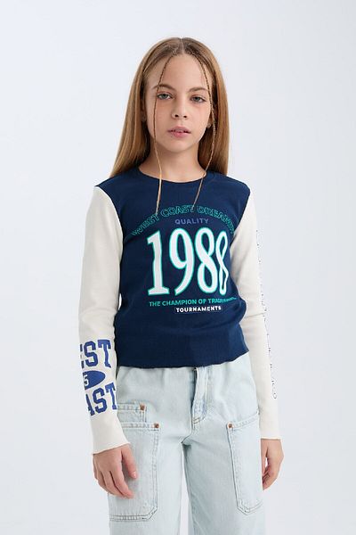 DeFacto Girls' Crop Crew Neck Printed Ribbed Camisole Long Sleeve T-Shirt D3433A824Wn